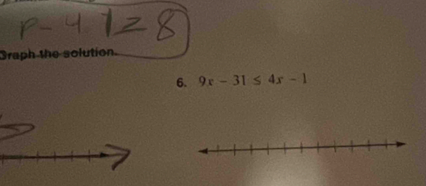 Graph the solution. 
6. 9x-31≤ 4x-1