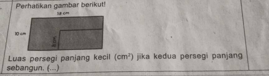 Perhatikan gambar berikut! 
Luas persegi panjang kecil (cm^2) jika kedua persegi panjang 
sebangun. (...)