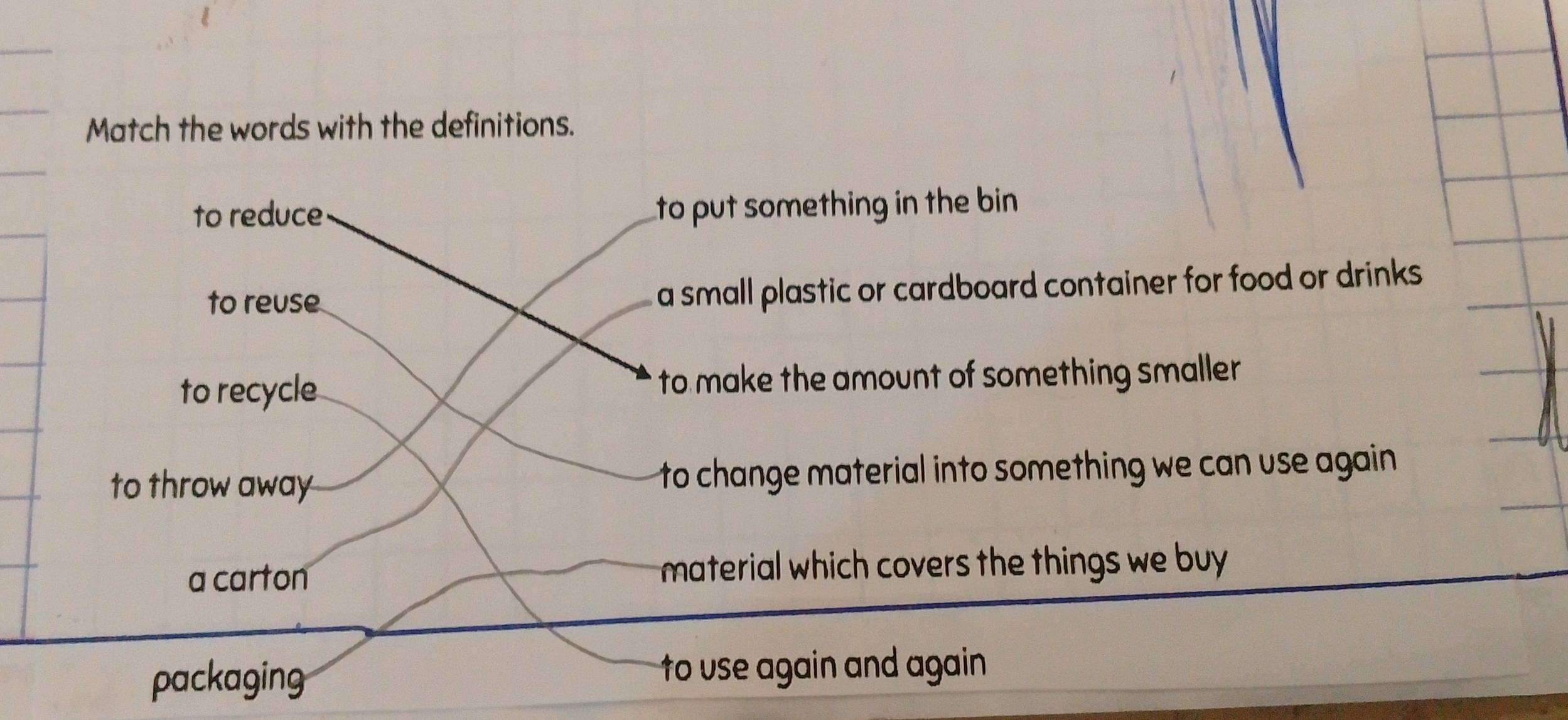 Match the words with the definitions.
to reduce to put something in the bin .
to reuse a small plastic or cardboard container for food or drinks .
to recycle r to make the amount of something smaller .
to throw away to change material into something we can use again .
a carton material which covers the things we buy .
packaging to use again and again.