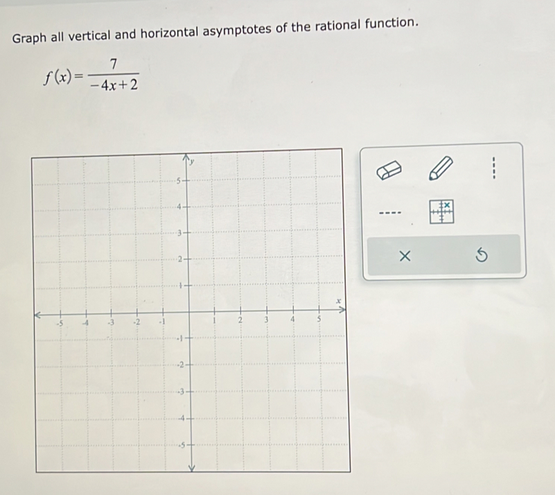 Graph all vertical and horizontal asymptotes of the rational function.
f(x)= 7/-4x+2 
×