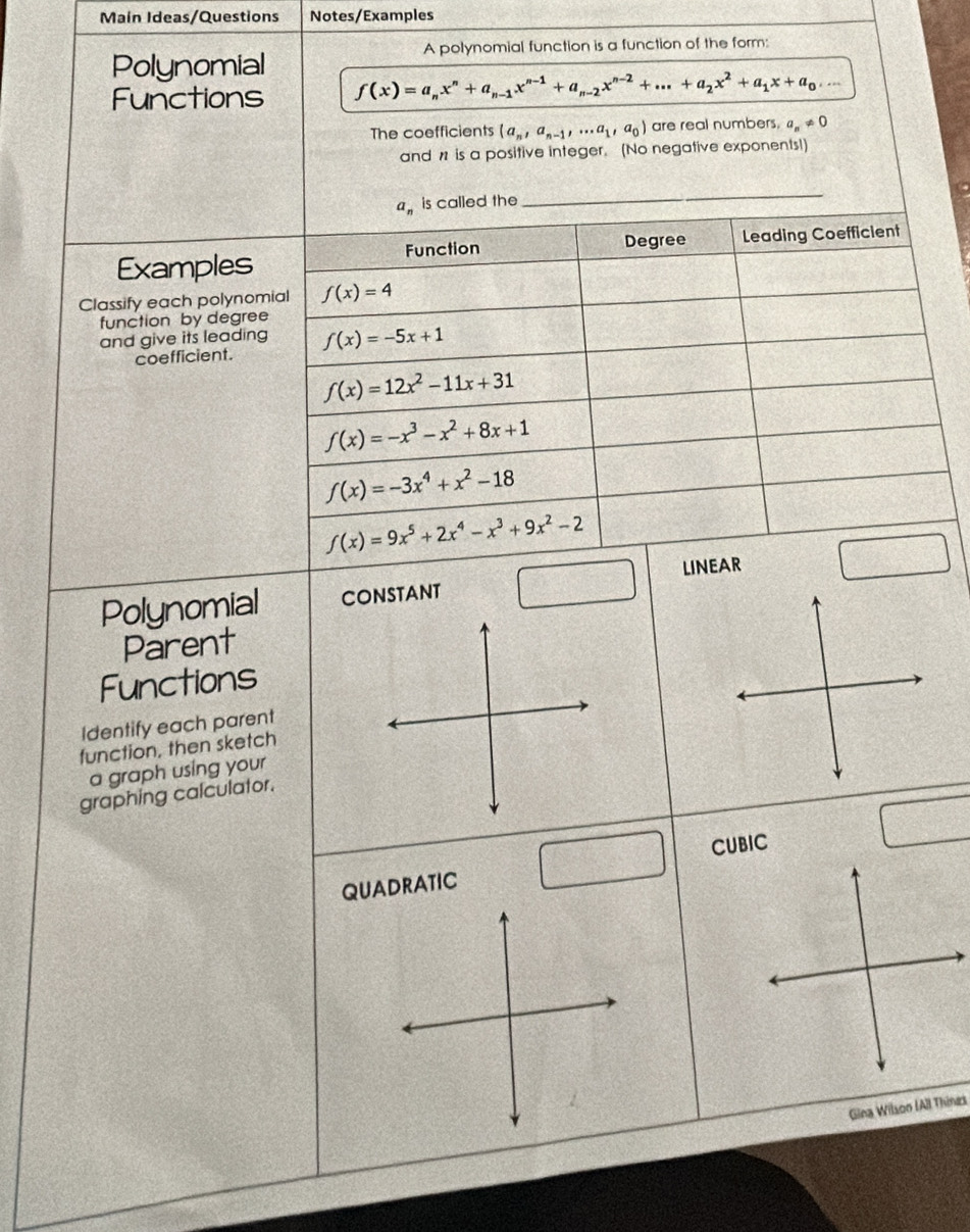 Main Ideas/Questions Notes/Examples 
A polynomial function is a function of the form: 
Polynomial 
Functions f(x)=a_nx^n+a_n-1x^(n-1)+a_n-2x^(n-2)+...+a_2x^2+a_1x+a_0,... 
The coefficients (a_n,a_n-1,...a_1,a_0) are real numbers. a_n!= 0
and w is a positive integer. (No negative exponents!)
a_n is called the_ 
Examples Degree Leading Coefficient 
Function 
Classify each polynomial f(x)=4
function by degree 
and give its leading f(x)=-5x+1
coefficient.
f(x)=12x^2-11x+31
f(x)=-x^3-x^2+8x+1
f(x)=-3x^4+x^2-18
f(x)=9x^5+2x^4-x^3+9x^2-2
Polynomial CONSTANT □ LINEAR 
Parent 
Functions 
Identify each parent 
function, then sketch 
a graph using your 
graphing calculator. 
QUADRATIC □ CUBIC 
Gina Wilson IAll Thines