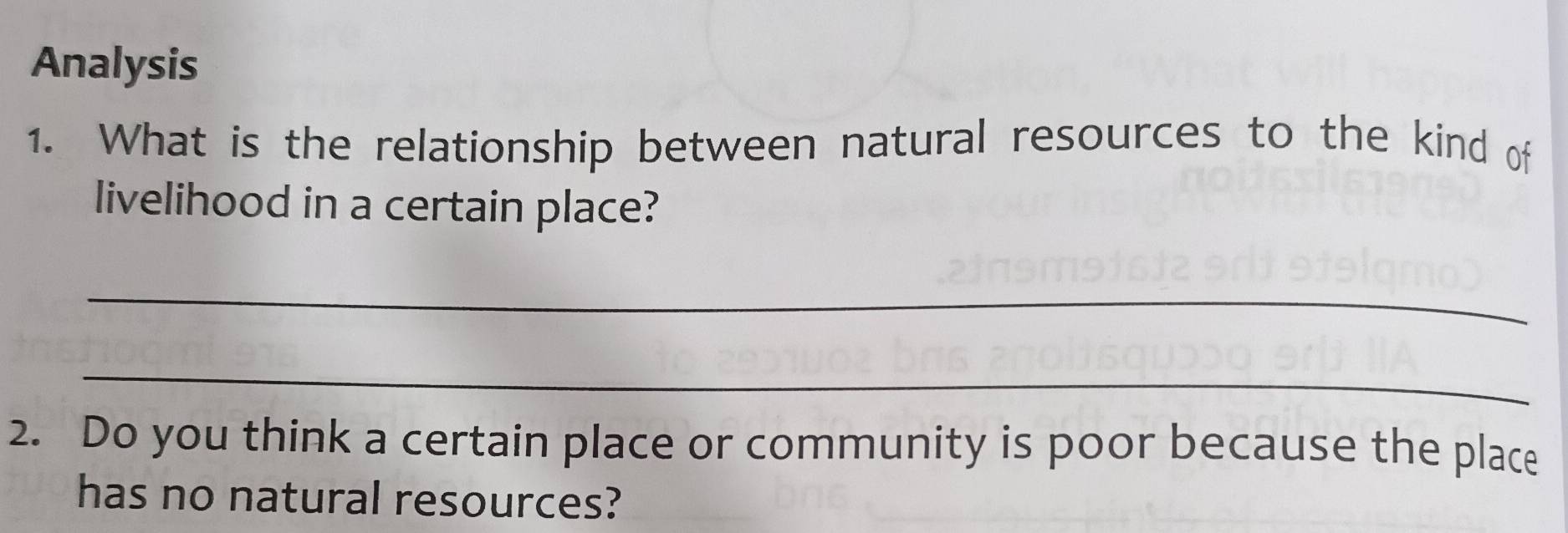 Analysis 
1. What is the relationship between natural resources to the kind of 
livelihood in a certain place? 
_ 
_ 
2. Do you think a certain place or community is poor because the place 
has no natural resources?