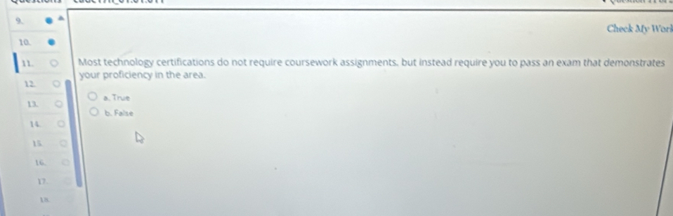 Check My Worl
10.
11 Most technology certifications do not require coursework assignments, but instead require you to pass an exam that demonstrates
your proficiency in the area.
12.
13. a. True
b. False
14
15
16.
17.
18