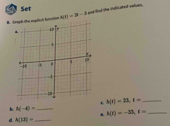 Set 
8. Gfunction h(t)=2t-5 and find the indicated values. 
C. h(t)=23, t= _ 
b. h(-4)= _ 
e. h(t)=-33, t= _ 
d. h(13)= _