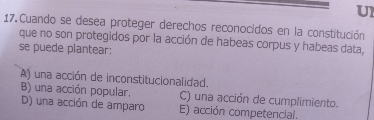 Ul
17. Cuando se desea proteger derechos reconocidos en la constitución
que no son protegidos por la acción de habeas corpus y habeas data,
se puede plantear:
A) una acción de inconstitucionalidad.
B) una acción popular. C) una acción de cumplimiento.
D) una acción de amparo E) acción competencial.