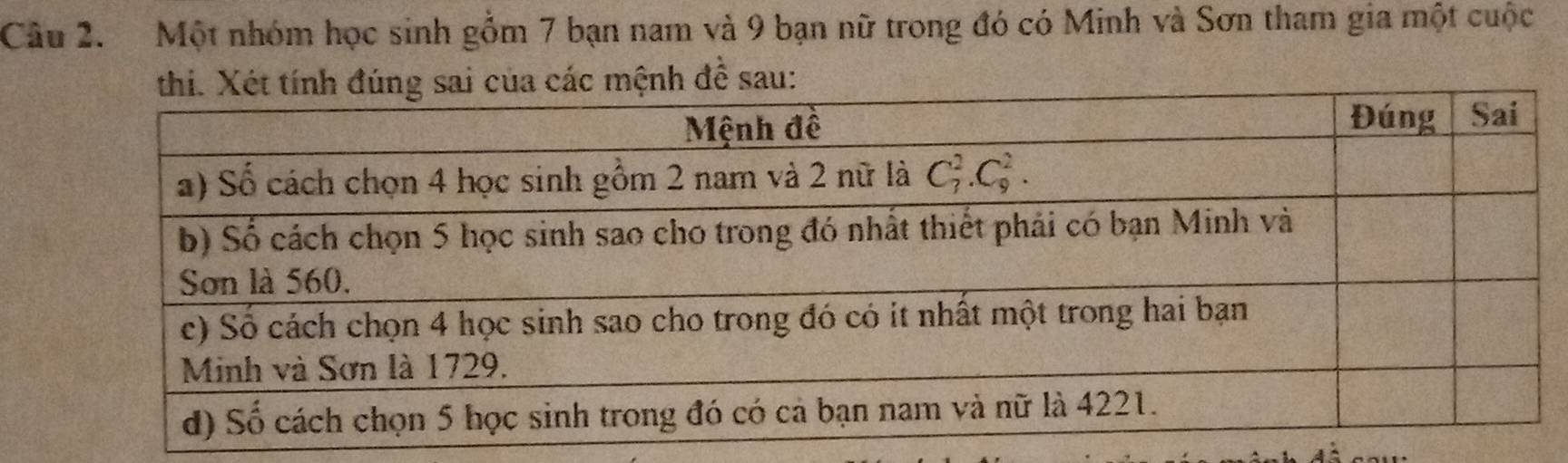 Một nhóm học sinh gồm 7 bạn nam và 9 bạn nữ trong đó có Minh và Sơn tham gia một cuộc
ệnh để sau: