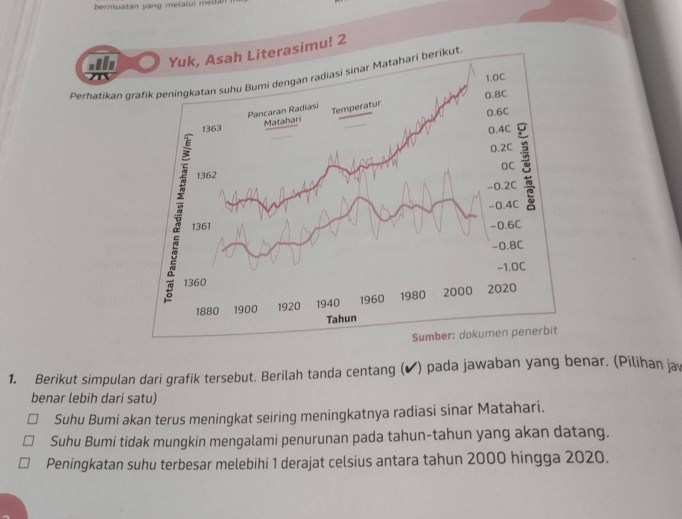 bermuatan yang melalui meda
u! 2
Perhatikan 
1. Berikut simpulan dari grafik tersebut. Berilah tanda centang (✔) pada jawaban yang benar. (Pilihan jau
benar lebih dari satu)
Suhu Bumi akan terus meningkat seiring meningkatnya radiasi sinar Matahari.
Suhu Bumi tidak mungkin mengalami penurunan pada tahun-tahun yang akan datang.
Peningkatan suhu terbesar melebihi 1 derajat celsius antara tahun 2000 hingga 2020.