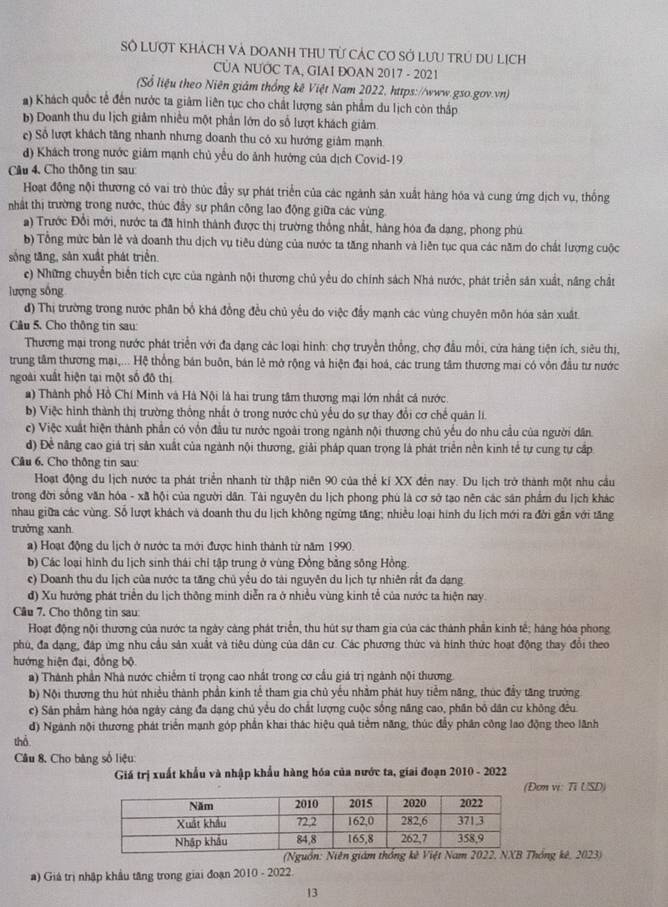 Số LƯợT KhÁCH Và DOANH THU tử CÁC Cơ Sở LƯU trÚ DU Lịch
CUA NƯỚC TA, GIAI ĐOAN 2017 - 2021
(Số liệu theo Niên giám thống kê Việt Nam 2022, https://www.gso.gov.vn)
#) Khách quốc tế đến nước ta giảm liên tục cho chất lượng sản phẩm du lịch còn thấp
b) Doanh thu du lịch giảm nhiều một phần lớn do số lượt khách giảm
e) Số lượt khách tăng nhanh nhưng doanh thu có xu hướng giảm mạnh.
d) Khách trong nước giảm mạnh chủ yếu do ảnh hưởng của dịch Covid-19
Cầu 4, Cho thông tin sau:
Hoạt động nội thương có vai trò thúc đầy sự phát triển của các ngành sản xuất hàng hóa và cung ứng dịch vụ, thống
nhật thị trường trong nước, thúc đầy sự phân công lao động giữa các vùng
a) Trước Đổi mới, nước ta đã hình thành được thị trường thống nhất, hàng hóa đa dạng, phong phú
b) Tổng mức bản lẻ và doanh thu dịch vụ tiêu dùng của nước ta tăng nhanh và liên tục qua các năm do chất lượng cuộc
sông tăng, sản xuất phát triển.
c) Những chuyển biến tích cực của ngành nội thương chủ yểu do chính sách Nhà nước, phát triển sản xuất, nâng chất
lượng sông
d) Thị trường trong nước phân bố khá đồng đều chủ yếu do việc đầy mạnh các vùng chuyên môn hóa sản xuất.
Câu 5. Cho thông tin sau:
Thương mại trong nước phát triển với đa dạng các loại hình: chợ truyền thống, chợ đầu mối, cửa hàng tiện ích, siêu thị,
trung tâm thương mại,... Hệ thống bán buôn, bán lẻ mở rộng và hiện đại hoá, các trung tâm thương mai có vồn đầu tư nước
ngoài xuất hiện tại một số đô thị
2) Thành phố Hồ Chí Minh và Hà Nội là hai trung tâm thương mại lớn nhật cá nước.
b) Việc hình thành thị trường thông nhất ở trong nước chủ yếu do sự thay đổi cơ chế quân lí.
c) Việc xuất hiện thành phân có vốn đầu tư nước ngoài trong ngành nội thương chủ yếu do nhu cầu của người dân.
d) Đề năng cao giá trị sản xuất của ngành nội thương, giải pháp quan trọng là phát triển nền kinh tế tự cung tự cấp
Câu 6. Cho thông tin sau:
Hoạt động du lịch nước ta phát triển nhanh từ thập niên 90 của thể kí XX đến nay. Du lịch trở thành một nhu cầu
trong đời sống văn hóa - xã hội của người dân. Tài nguyên du lịch phong phù là cơ sở tạo nên các sân phẩm du lịch khác
nhau giữa các vùng. Số lượt khách và doanh thu du lịch không ngừng tăng; nhiều loại hình du lịch mới ra đời gần với tăng
trưởng xanh
) Hoạt động du lịch ở nước ta mới được hình thành từ năm 1990.
b) Các loại hình du lịch sinh thái chỉ tập trung ở vùng Đồng bằng sông Hồng.
c) Doanh thu du lịch của nước ta tăng chủ yếu do tài nguyên du lịch tự nhiên rắt đa dang
đ) Xu hướng phát triển du lịch thông minh diễn ra ở nhiều vùng kinh tế của nước ta hiện nay
Câu 7. Cho thông tin sau:
Hoạt động nội thương của nước ta ngày càng phát triển, thu hút sự tham gia của các thành phần kinh tế; hàng hóa phong
phù, đa dạng, đáp ứng nhu cầu sản xuất và tiêu dùng của dân cư. Các phương thức và hình thức hoạt động thay đổi theo
hướng hiện đại, đồng bộ
a) Thành phần Nhà nước chiếm tỉ trọng cao nhất trong cơ cầu giá trị ngành nội thương.
b) Nội thương thu hút nhiều thành phần kinh tế tham gia chủ yếu nhằm phát huy tiểm năng, thúc đầy tăng trường
c) Sản phẩm hàng hóa ngày cáng đa dạng chú yều do chất lượng cuộc sống năng cao, phân bỏ dân cư không đều.
d) Ngành nội thương phát triển mạnh góp phần khai thác hiệu quả tiểm năng, thúc đẩy phân công lao động theo lãnh
thổ
Cầu 8, Cho bàng số liệu:
Giá trị xuất khẩu và nhập khẩu hàng hóa của nước ta, giai đoạn 2010 - 2022
(Đơn vi: Ti USD)
(Nguồn: Niên giám thống kê Việt Nam 2hông kê, 2023)
a) Giá trị nhập khẩu tăng trong giai đoạn 2010 - 2022.
13