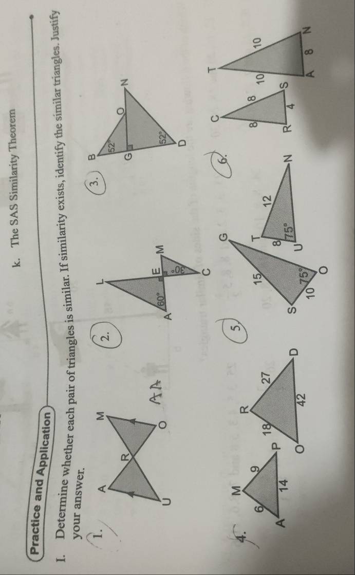 The SAS Similarity Theorem
Practice and Application
I. Determine whether each pair of triangles is similar. If similarity exists, identify the similar triangles. Justify
your answer.
1. 
3.
2.
6.
4.
5
 
12
 
N