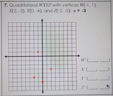 Quadrilateral WXYZ with vertices W(-1,1),
X(2,-3),Y(0,-6) , and Z(-2,-5):x=-3
__)
_-1_
_
_
_
_