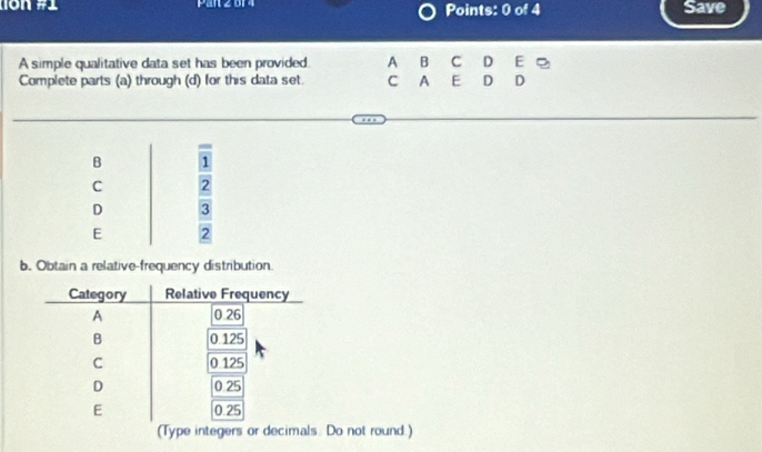 1on #1 Pan 2 b Points: 0 of 4 Save
A simple qualitative data set has been provided. A B C D E
Complete parts (a) through (d) for this data set. C A E D D
B 1
C 2
D 3
E 2
b. Obtain a relative-frequency distribution.
(Type integers or decimals. Do not round.)