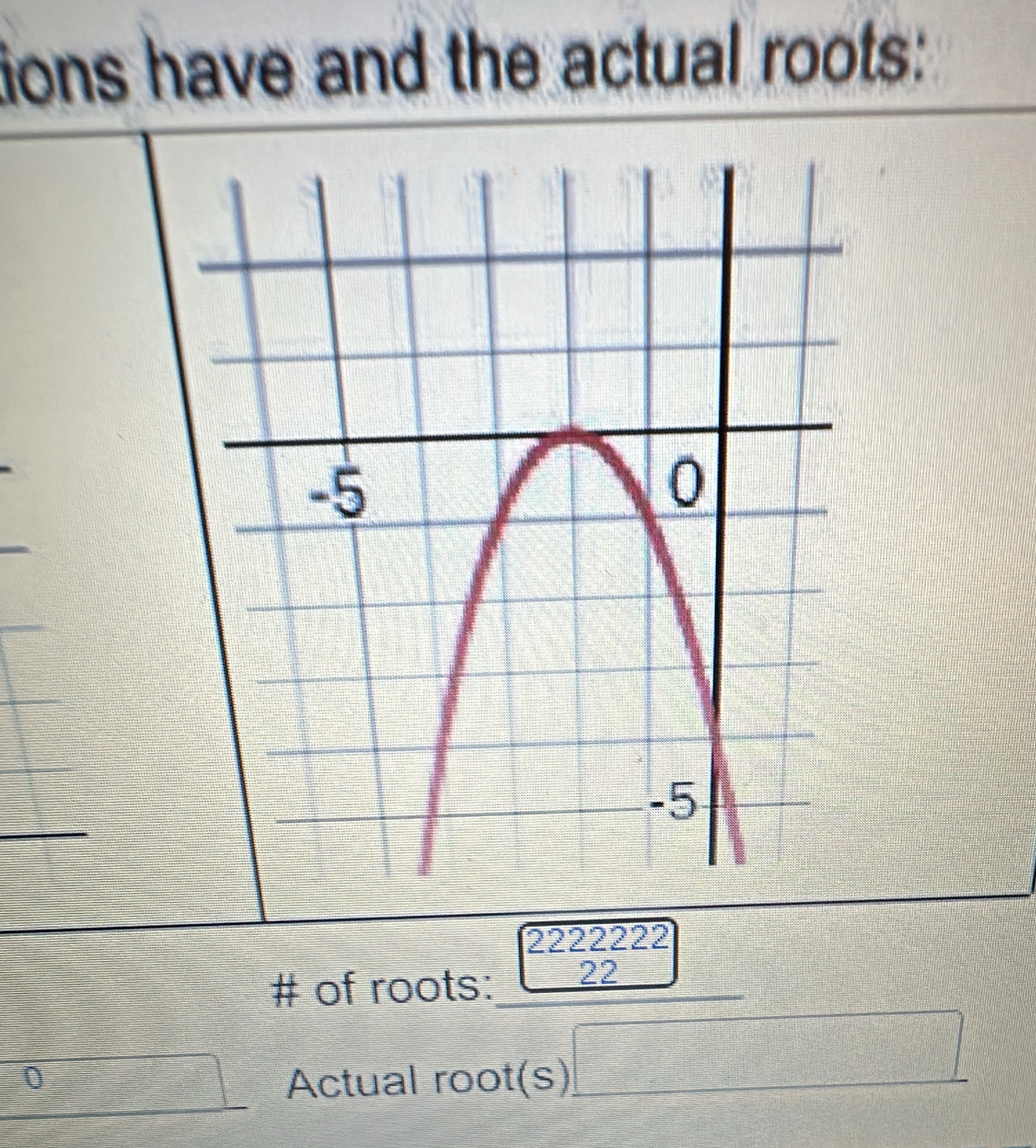 ions have and the actual roots: 
_ 
# of roots: beginarrayr □ 22222 22 hline endarray
0 Actual root(s) □