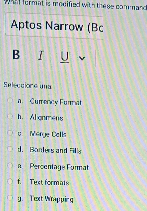 What format is modified with these command
Aptos Narrow (Bc
B I U
Seleccione una:
a. Currency Format
b. Alignmens
c. Merge Cells
d. Borders and Fills
e. Percentage Format
f. Text formats
g. Text Wrapping