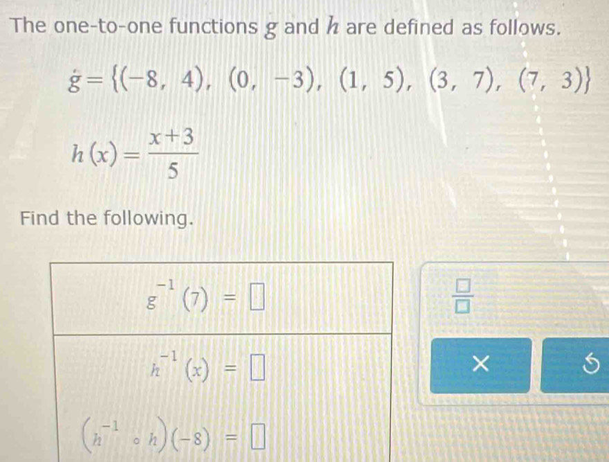 The one-to-one functions g and h are defined as follows.
g= (-8,4),(0,-3),(1,5),(3,7),(7,3)
h(x)= (x+3)/5 
Find the following.
 □ /□  
5