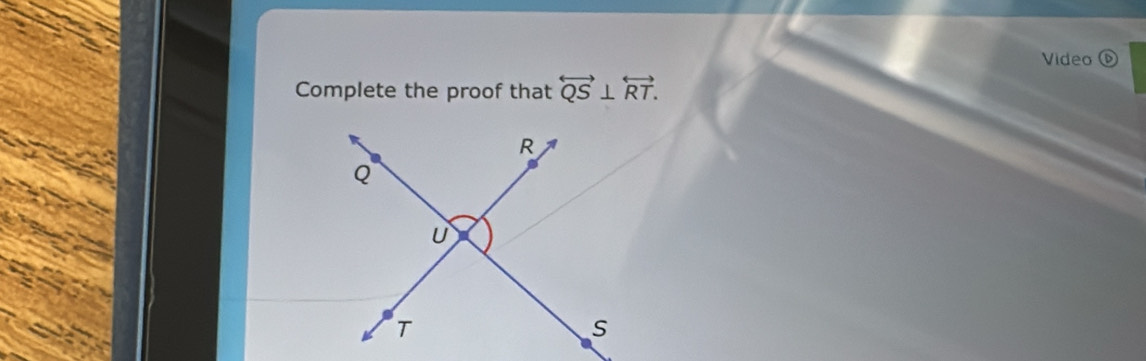 Video D 
Complete the proof that overleftrightarrow QS⊥ overleftrightarrow RT.