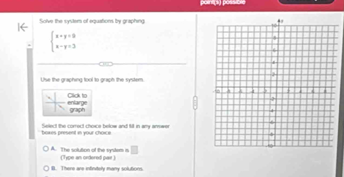 point(s) possible
Solve the system of equations by graphing
beginarrayl x+y=9 x-y=3endarray.
Use the graphing tool to graph the system.
Click to 
enlarge
graph 
Select the correct choice below and fill in any answer
baxes present in your choice
A. The solution of the system is □ 
(Type an ordered pair)
B. There are infinitely many solutions