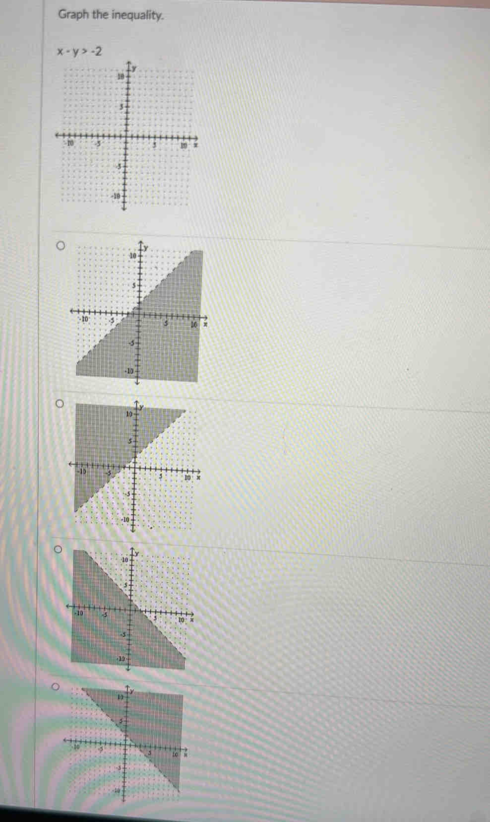 Graph the inequality.
x-y>-2