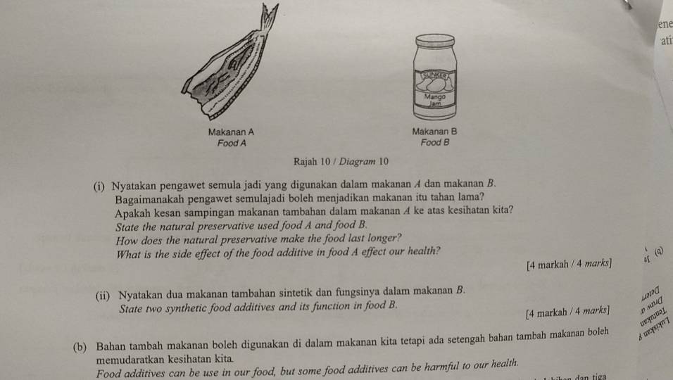 ene 
ati 
Mango 
am 
Makanan B 
Food B 
Rajah 10 / Diagram 10 
(i) Nyatakan pengawet semula jadi yang digunakan dalam makanan A dan makanan B. 
Bagaimanakah pengawet semulajadi boleh menjadikan makanan itu tahan lama? 
Apakah kesan sampingan makanan tambahan dalam makanan A ke atas kesihatan kita? 
State the natural preservative used food A and food B. 
How does the natural preservative make the food last longer? 
What is the side effect of the food additive in food A effect our health? 
、 
[4 markah / 4 marks] 
(ii) Nyatakan dua makanan tambahan sintetik dan fungsinya dalam makanan B. 
1212( 
State two synthetic food additives and its function in food B. 
[4 markah / 4 marks] 
uεxmuəl 
(b) Bahan tambah makanan boleh digunakan di dalam makanan kita tetapi ada setengah bahan tambah makanan boleh 
memudaratkan kesihatan kita. 
Food additives can be use in our food, but some food additives can be harmful to our health.