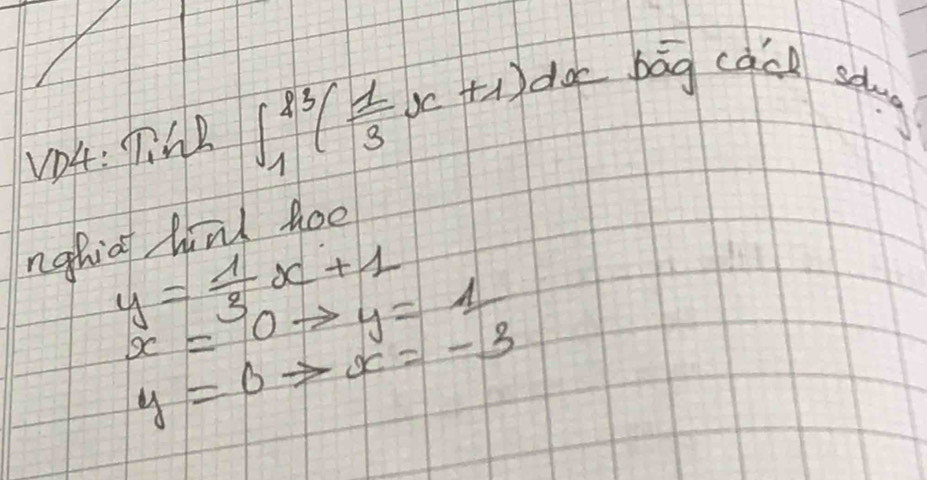 VD4: T62 ∈t _1^((83)(frac 1)3x+1)dx d gc bāg cacl sdua 
nghiat hind too
y= 1/3 x+1
x=0to y=1
y=6Rightarrow x=-3