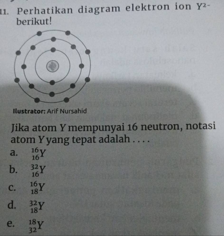 Perhatikan diagram elektron ion Y^(2-)
berikut!
Ilustrator: Arif Nursahid
Jika atom Y mempunyai 16 neutron, notasi
atom Y yang tepat adalah . . . .
a. _(16)^(16)Y
b. _(16)^(32)Y
C. _(18)^(16)Y
d. _(18)^(32)Y
e. _(32)^(18)Y