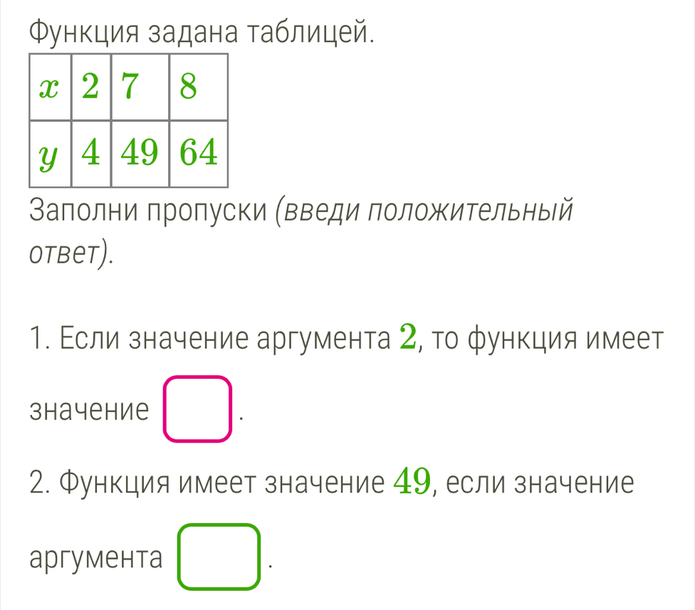 Φункция задана таблицей. 
аполни пропуски (введи положительный 
OTBeT). 
1. Εсли значение аргумента 2, то φункция имеет 
зhачеhие □. 
2. Функция имеет значение 49, если значение 
aргymента □.