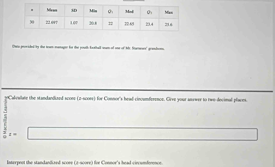 Data provided by the team manager for the youth football team of one of Mr. Starneses’ grandsons.
≌Calculate the standardized score (z-score) for Connor’s head circumference. Give your answer to two decimal places.
5 z=
Interpret the standardized score (z-score) for Connor's head circumference.