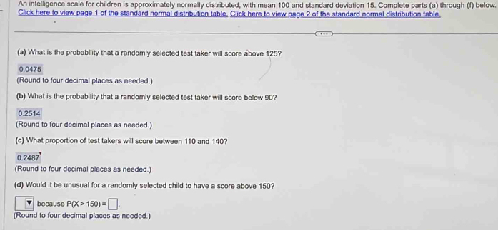 An intelligence scale for children is approximately normally distributed, with mean 100 and standard deviation 15. Complete parts (a) through (f) below.
Click here to view page 1 of the standard normal distribution table. Click here to view page 2 of the standard normal distribution table.
(a) What is the probability that a randomly selected test taker will score above 125?
0.0475
(Round to four decimal places as needed.)
(b) What is the probability that a randomly selected test taker will score below 90?
0.2514
(Round to four decimal places as needed.)
(c) What proportion of test takers will score between 110 and 140?
0.2487
(Round to four decimal places as needed.)
(d) Would it be unusual for a randomly selected child to have a score above 150?
because P(X>150)=□. 
(Round to four decimal places as needed.)