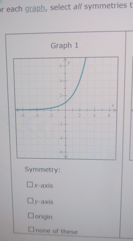 each graph, select a/ symmetries t
Graph 1
Symmetry:
x-axis
y-axis
origin
none of these