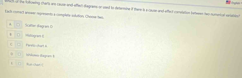 English 
Which of the following charts are cause-and-effect diagrams or used to determine if there is a cause-and-effect correlation between two numerical variables?
Each correct answer represents a complete solution. Choose two.
A Scatter diagram D
Histogram E
C Pareto chart A
D Ishikawa diagram B
E Run chart C