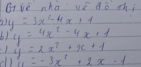 Gi ve wha vé do thi 
() y=3x^2-4x+1
6) y=4x^2-4x+1
() y=2x^2+x+1
cll y=-3x^2+2x-1.