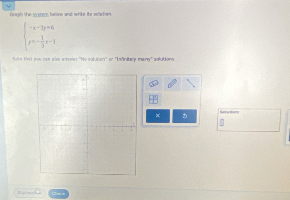 Graph the system below and write its solution.
beginarrayl -x-3y=6 y=- 1/3 x-1endarray.
Note that you can also answer "No solution" or "Infinitely many" solutions.
frac 1
Solution: 
× 
Esplanal Check