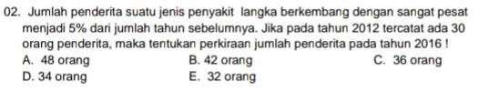 Jumlah penderita suatu jenis penyakit langka berkembang dengan sangat pesat
menjadi 5% dari jumlah tahun sebelumnya. Jika pada tahun 2012 tercatat ada 30
orang penderita, maka tentukan perkiraan jumlah penderita pada tahun 2016!
A. 48 orang B. 42 orang C. 36 orang
D. 34 orang E. 32 orang