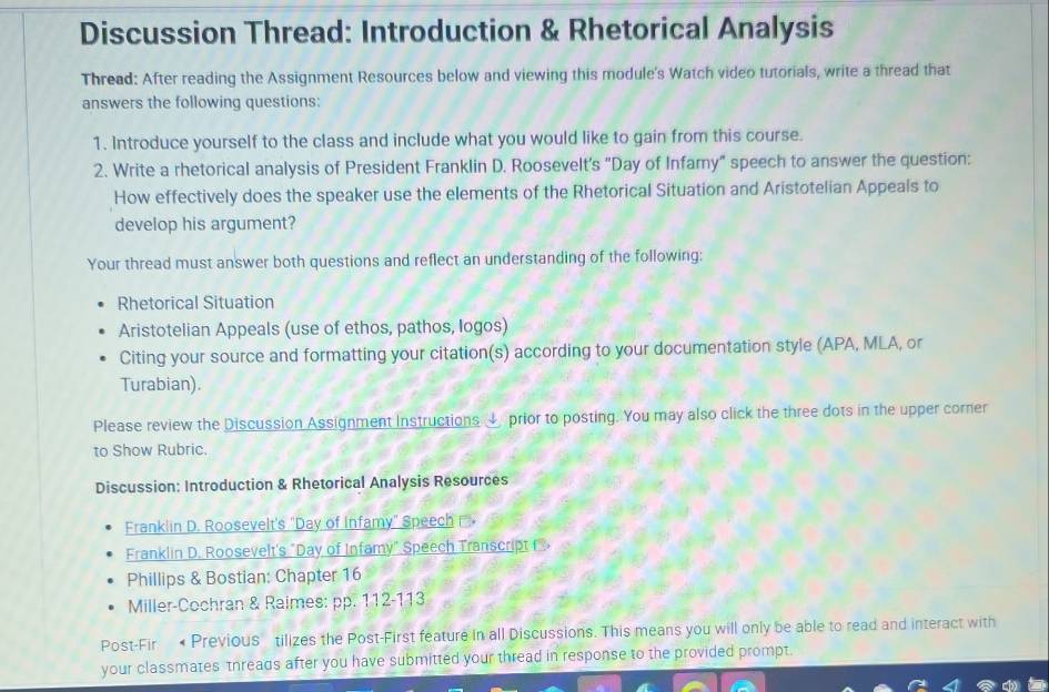 Solved: Discussion Thread: Introduction & Rhetorical Analysis Thread ...