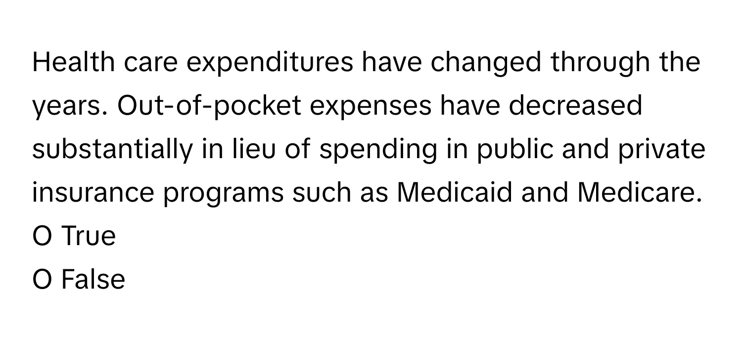 Health care expenditures have changed through the years. Out-of-pocket expenses have decreased substantially in lieu of spending in public and private insurance programs such as Medicaid and Medicare. 

O True
O False