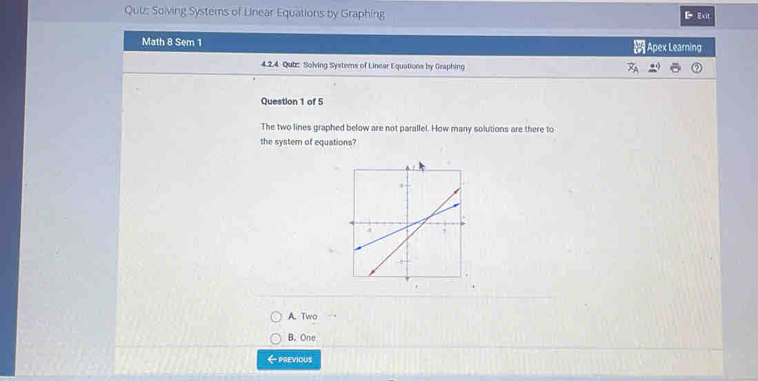 Solving Systems of Linear Equations by Graphing
Math 8 Sem 1
Apex Learning
4.2.4 Quiz: Solving Systemns of Linear Equations by Graphing
Question 1 of 5
The two lines graphed below are not parallel. How many solutions are there to
the system of equations?
A. Two
B. One
← previous