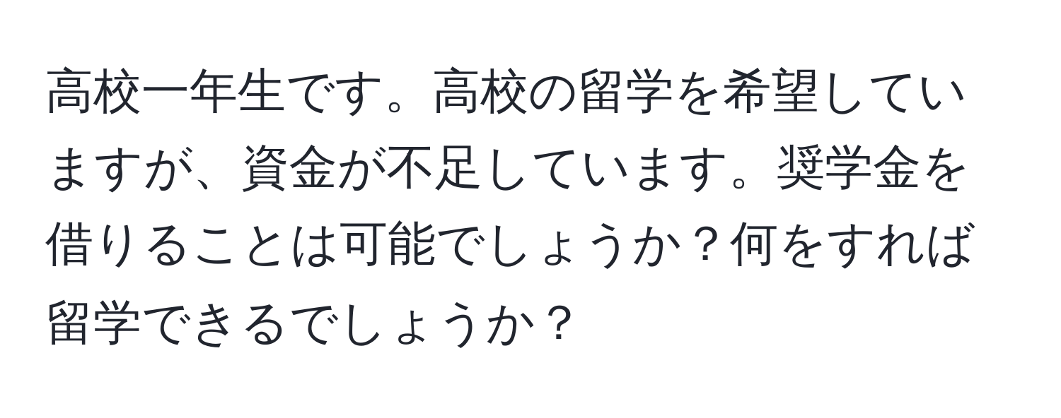 高校一年生です。高校の留学を希望していますが、資金が不足しています。奨学金を借りることは可能でしょうか？何をすれば留学できるでしょうか？