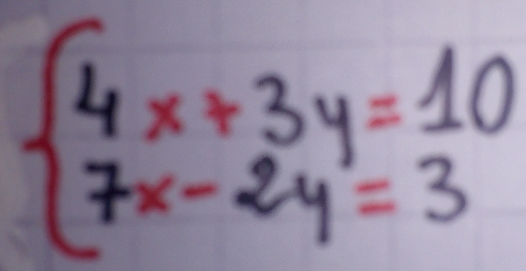 beginarrayl 4x+3y=10 7x-2y=3endarray.