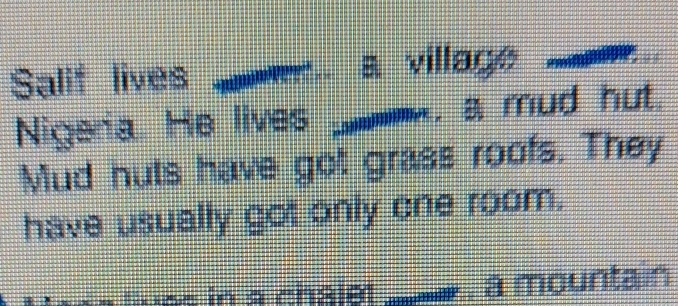 Salif lives a village 
Nigeria He lives , a mud hut. 
Mud huts have got grass roofs. They 
have usually got only one room. 
tae in a chaie _, a mountain