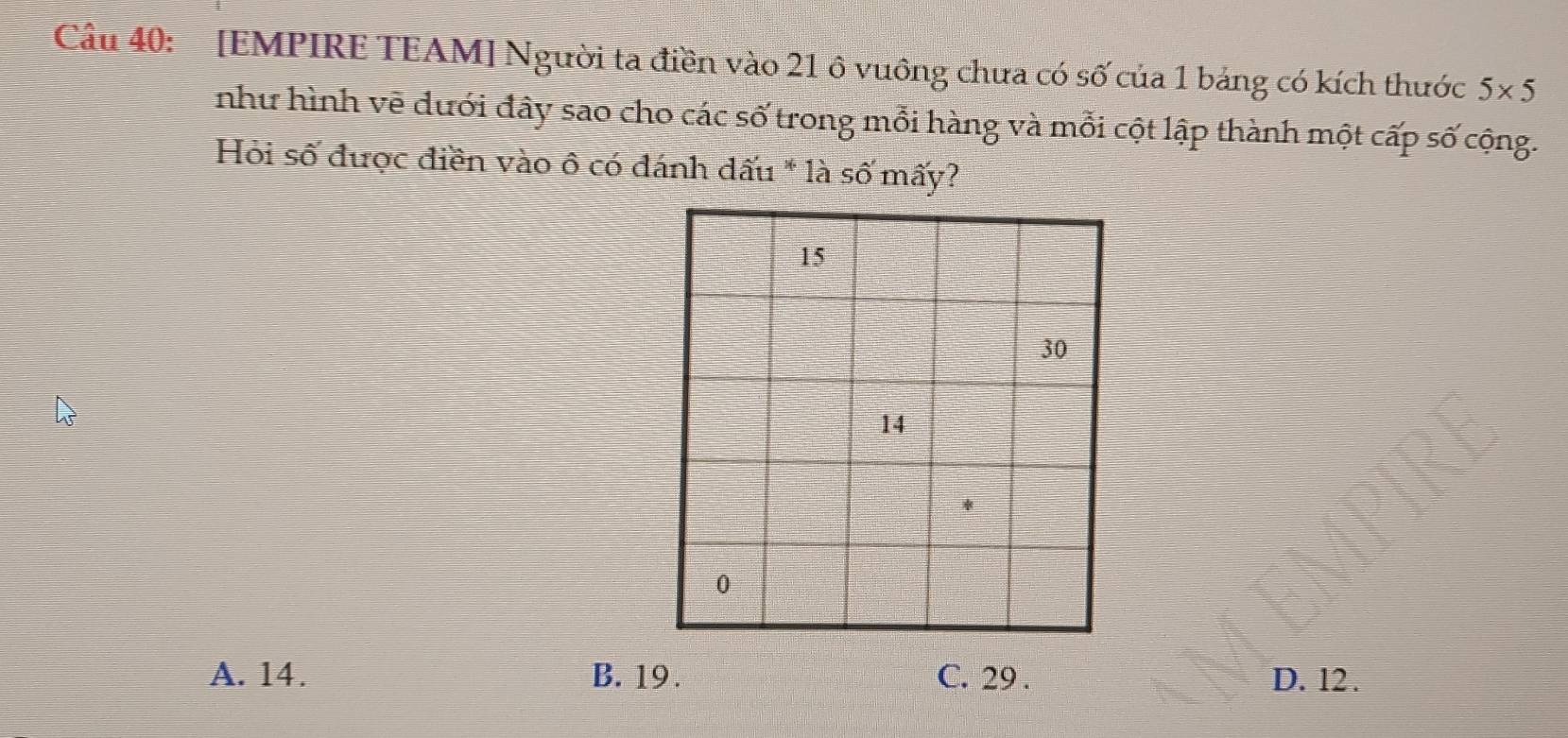 Cầu 40: [EMPIRE TEAM] Người ta điền vào 21 ô vuông chưa có số của 1 bảng có kích thước 5* 5
như hình vẽ đưới đây sao cho các số trong mỗi hàng và mỗi cột lập thành một cấp số cộng.
Hỏi số được điền vào ô có đánh dấu * là số mấy?
A. 14. B. 19. C. 29. D. 12.