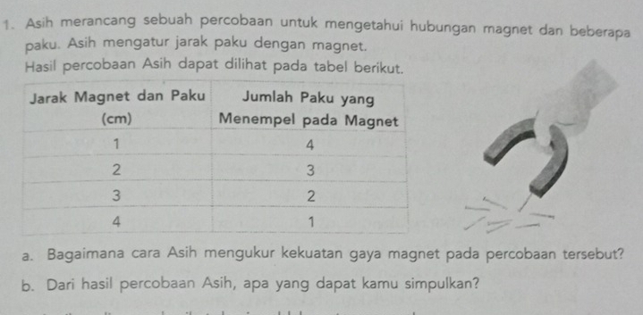 Asih merancang sebuah percobaan untuk mengetahui hubungan magnet dan beberapa 
paku. Asih mengatur jarak paku dengan magnet. 
Hasil percobaan Asih dapat dilihat pada tabel berikut. 
a. Bagaimana cara Asih mengukur kekuatan gaya magnet pada percobaan tersebut? 
b. Dari hasil percobaan Asih, apa yang dapat kamu simpulkan?