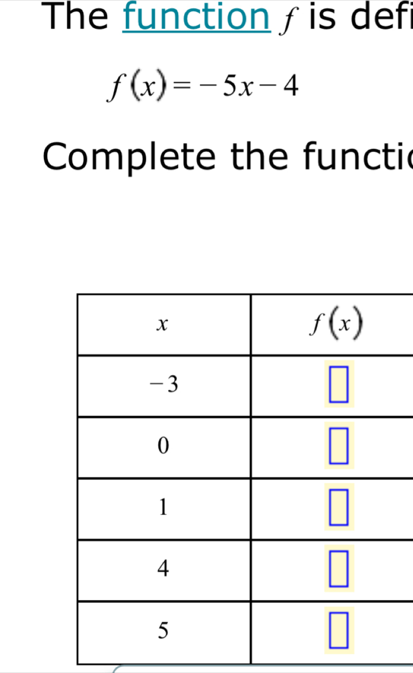 The function∫  is def
f(x)=-5x-4
Complete the functic