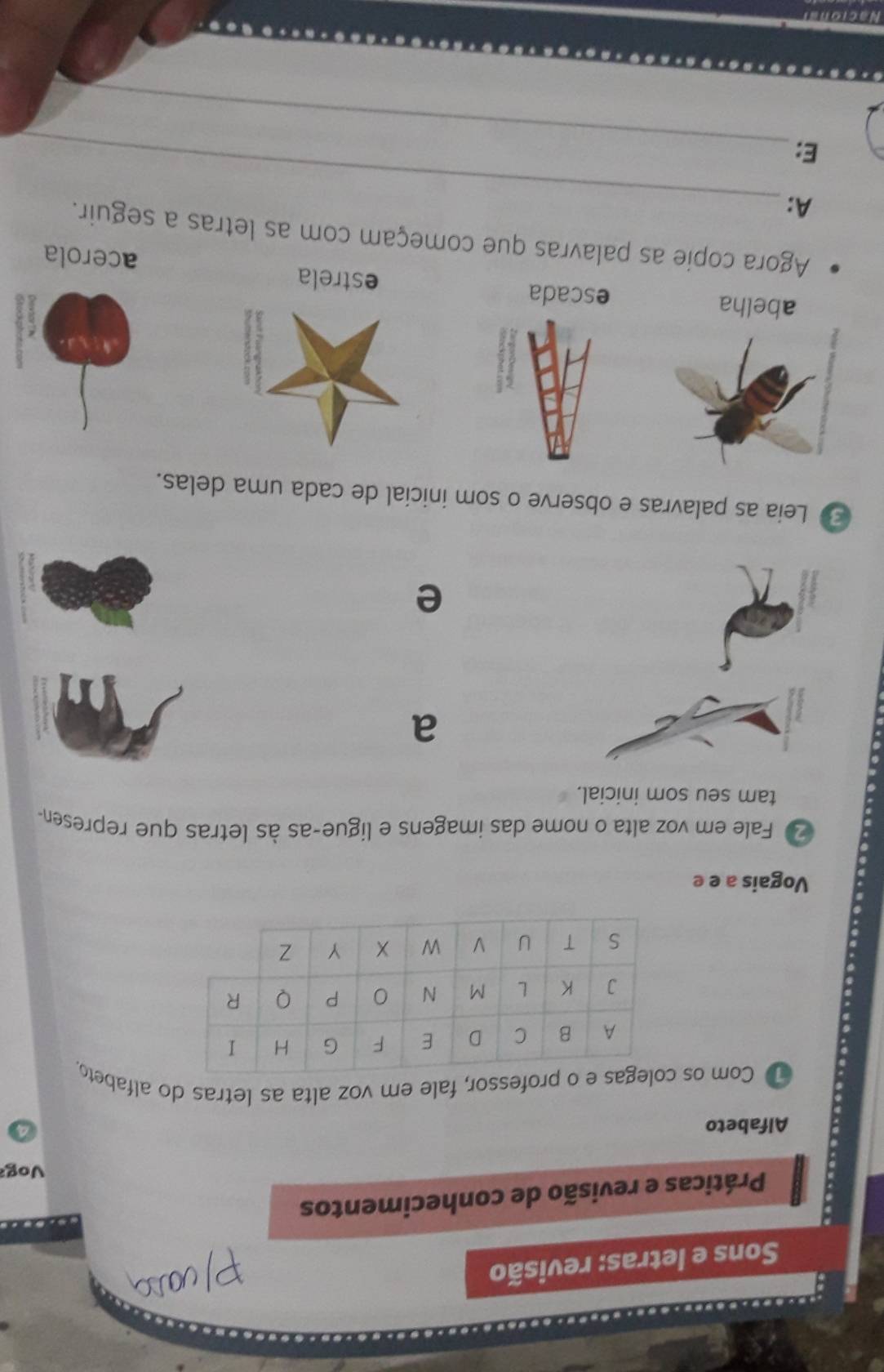 Sons e letras: revisão 
Práticas e revisão de conhecimentos 
og 
Alfabeto 
1 Com os rofessor, fale em voz alta as letras do alfabeto. 
Vogais a e e 
2 Fale em voz alta o nome das imagens e ligue-as às letras que represen- 
tam seu som inicial. 
a 
e 
3 Leia as palavras e observe o som inicial de cada uma delas. 
estrela acerola 
_ 
Agora copie as palavras que começam com as letras a seguir. 
A: 
_ 
E: 
Nacional