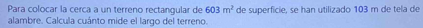 Para colocar la cerca a un terreno rectangular de 603m^2 de superficie, se han utilizado 103 m de tela de 
alambre. Calcula cuánto mide el largo del terreno.