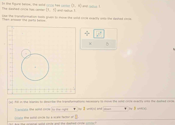 Solved: In the figure below, the solid circle has center (3,8) and ...