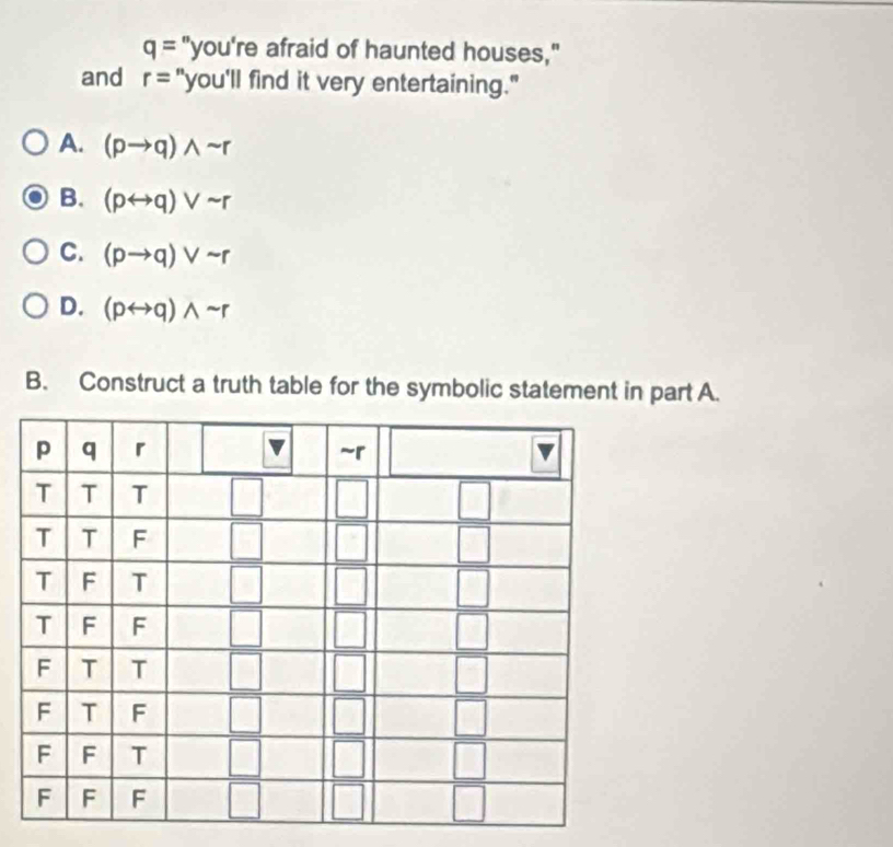 q=''you're afraid of haunted houses,"
and r=''you'll find it very entertaining."
A. (pto q)wedge sim r
B. (prightarrow q)vee sim r
C. (pto q)vee sim r
D. (prightarrow q)wedge sim r
B. Construct a truth table for the symbolic statement in part A.