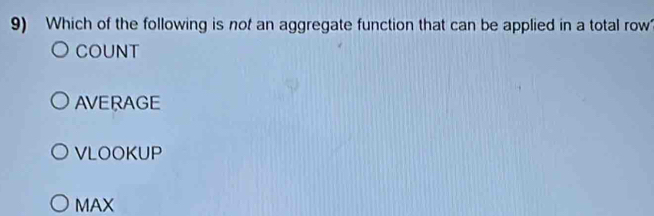 Which of the following is not an aggregate function that can be applied in a total row
COUNT
AVERAGE
VLOOKUP
MAX