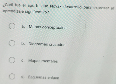 ¿Cuál fue el aporte que Novak desarrolló para expresar el
aprendizaje significativo?
a. Mapas conceptuales
b. Diagramas cruzados
c. Mapas mentales
d. Esquemas enlace