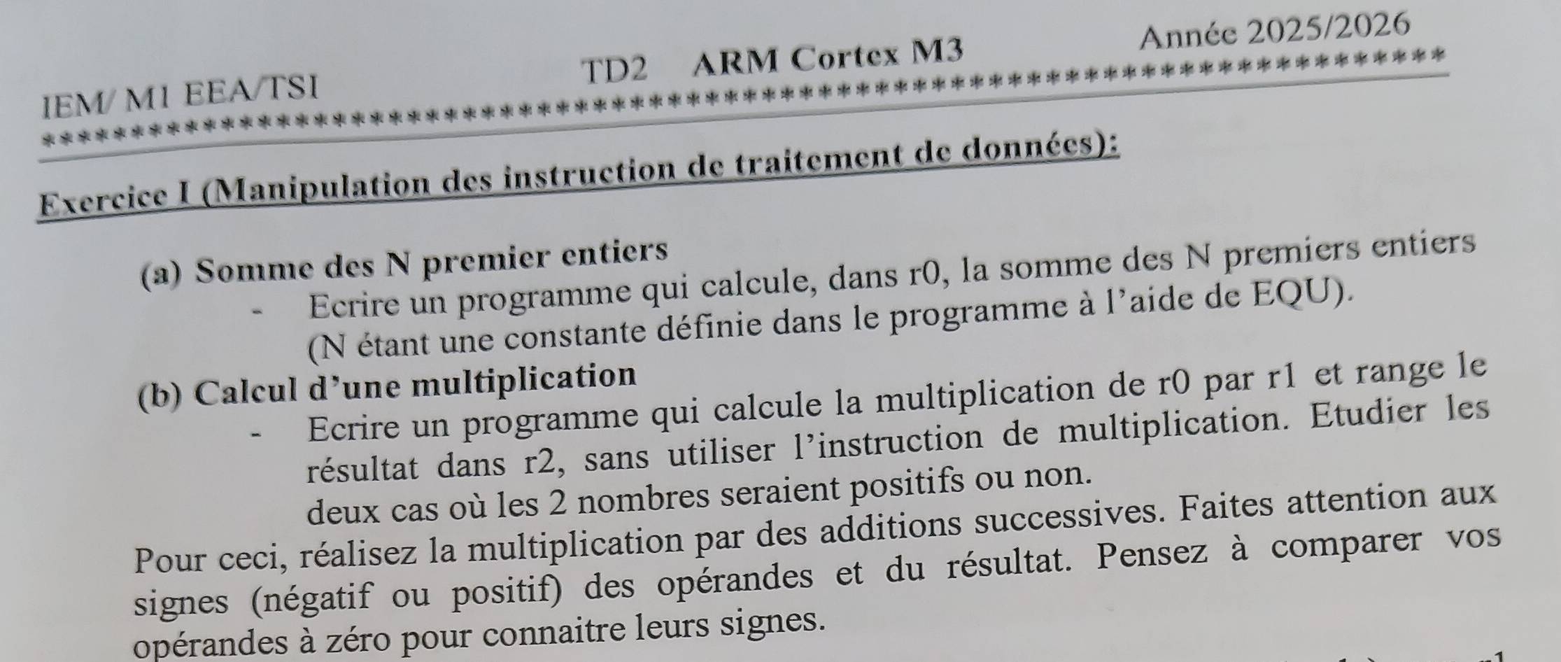 Résolu :IEM/ M1 EEA/TSI TD2 ARM Cortex M3 Année 2025/2026 Exercice I ...