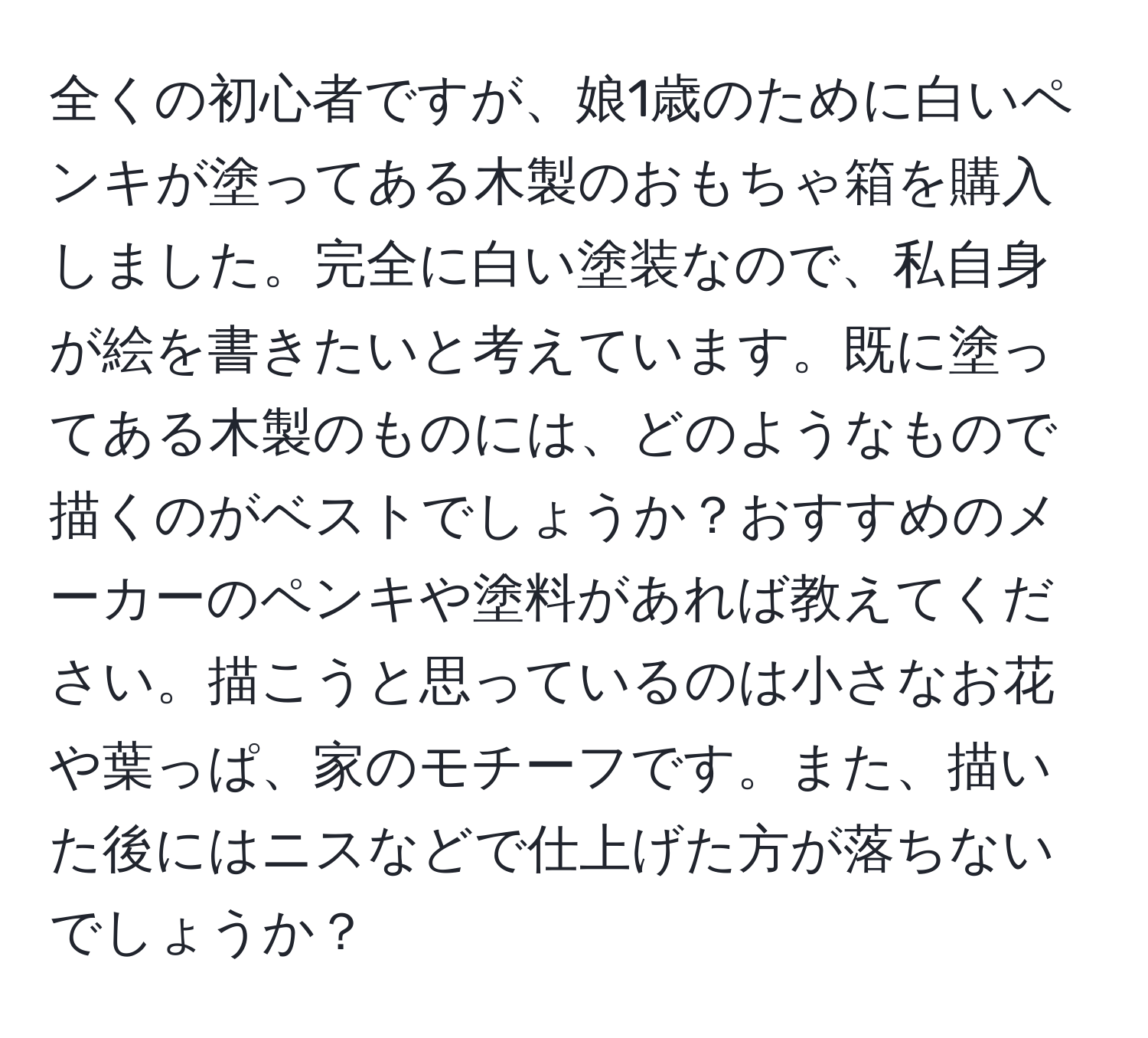 全くの初心者ですが、娘1歳のために白いペンキが塗ってある木製のおもちゃ箱を購入しました。完全に白い塗装なので、私自身が絵を書きたいと考えています。既に塗ってある木製のものには、どのようなもので描くのがベストでしょうか？おすすめのメーカーのペンキや塗料があれば教えてください。描こうと思っているのは小さなお花や葉っぱ、家のモチーフです。また、描いた後にはニスなどで仕上げた方が落ちないでしょうか？