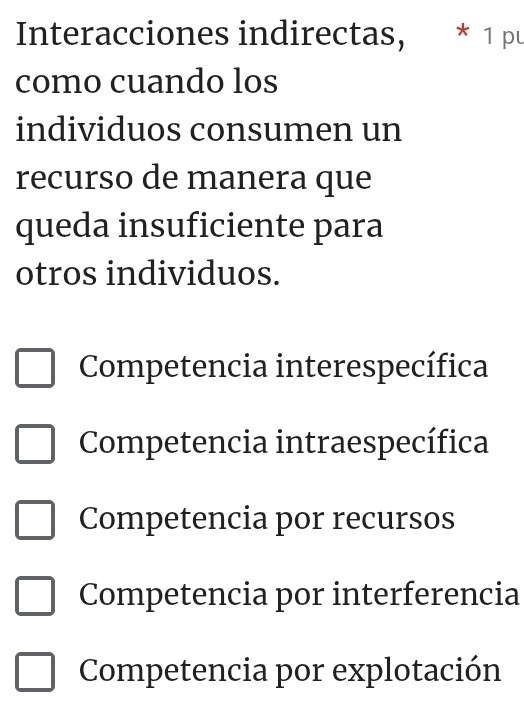 Interacciones indirectas, * 1 pu
como cuando los
individuos consumen un
recurso de manera que
queda insuficiente para
otros individuos.
Competencia interespecífica
Competencia intraespecífica
Competencia por recursos
Competencia por interferencia
Competencia por explotación